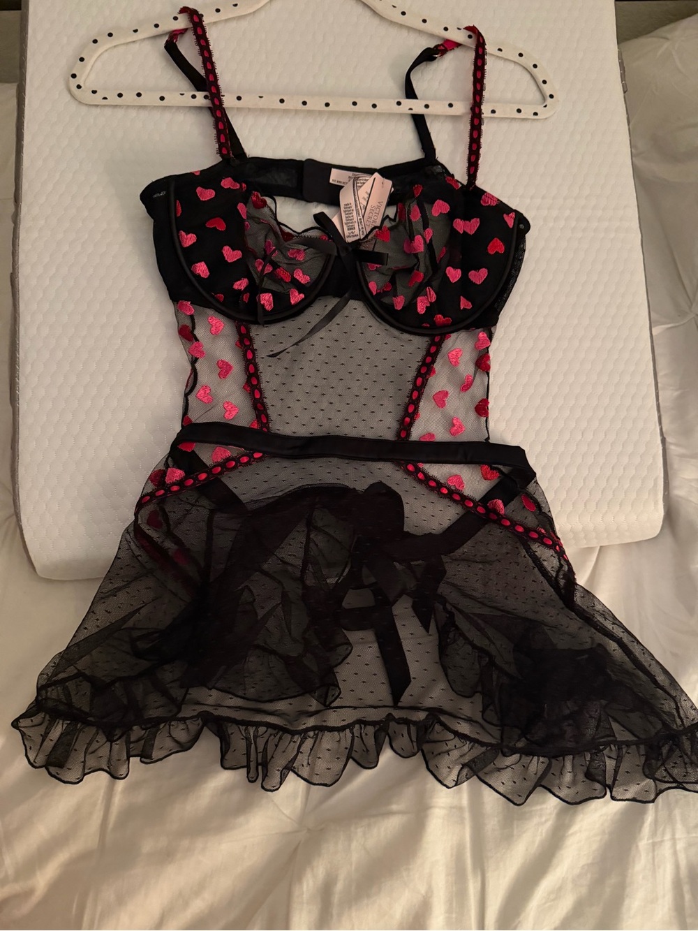 Victoria's Secret Black Sheer Babydoll with Pink Heart Embroidery